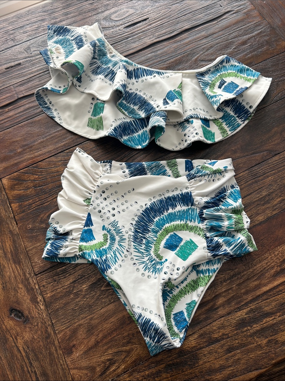 Ruffle Off-Shoulder High-Waist Bikini in White with Blue & Green Print